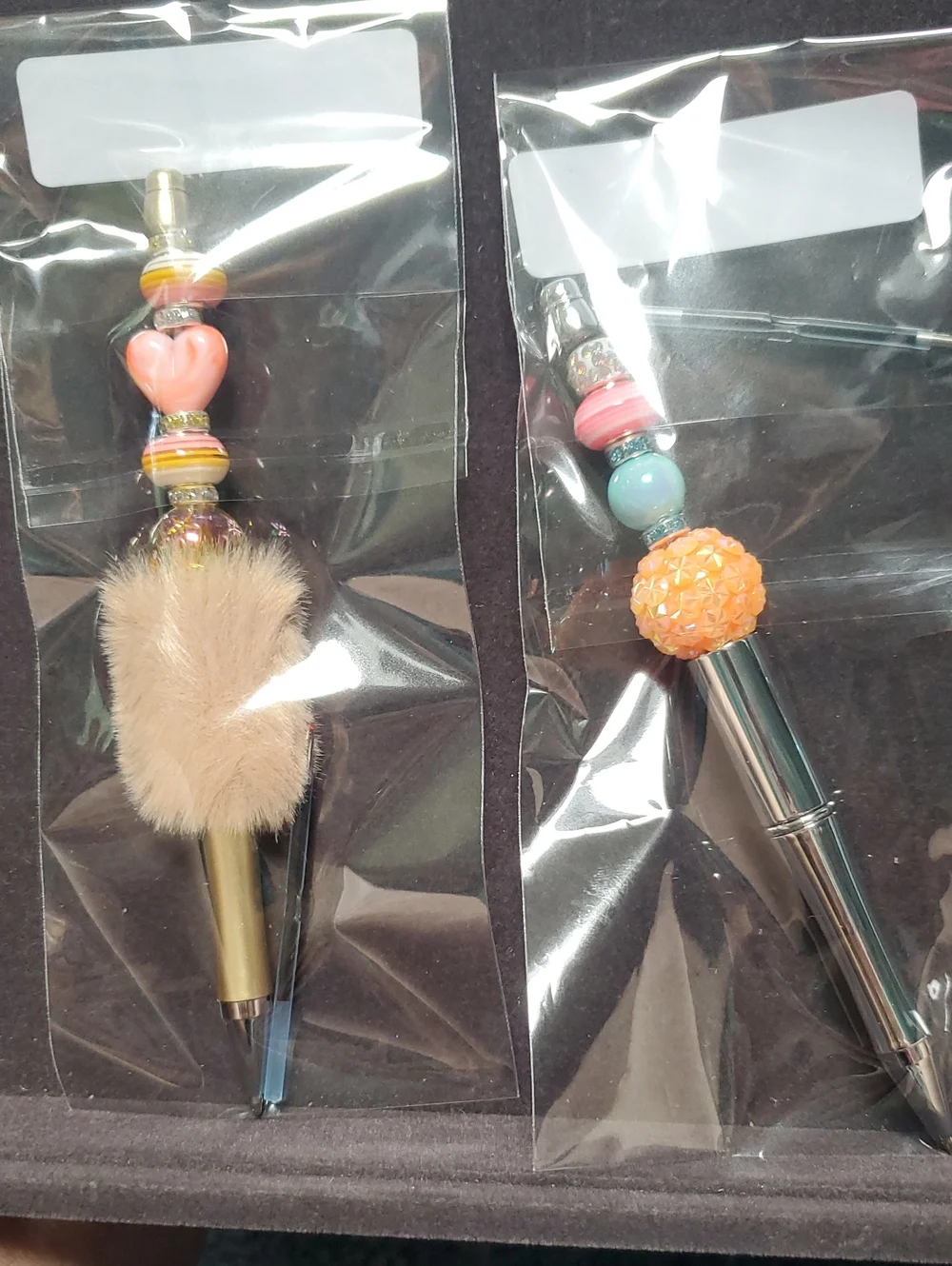 Fluffy Pink Heart & Peach Blue Fluff Beaded Pen READONABLE OFFERS ACCEPTED